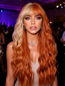 22-Inch Ginger To Golden Yellow Gradient Long Wavy Wig With Bangs | Y2K Dopamine Style Synthetic Hair - Burnt Orange - View 12