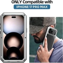 Armor Metal Case For IPhone 17 ProMax/17Pro/17AIR/17 With Tempered Glass Screen Protector, Heavy Duty Military Grade, Shockproof Dustproof Water Resistant Camera Protection Silicone Back Full Body Case - Silver - View 6