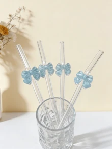 1 pieza/2 piezas/4 piezas Pajitas de vidrio reutilizables con acentos de lazo azul, pajitas de vidrio reutilizables claras y estéticas, ideales para bebidas frías, batidos, agua con gas, leche con té, jugos y talla grande. Perfecto para fiestas en la playa, picnics al aire libre, tiendas de postres, campamentos, suministros para fiestas, reuniones familiares, Navidad, Halloween, Día de San Valentín, regalo perfecto para niñas. - Ver 2