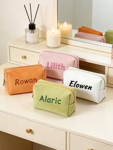Personalized Embroidery Embroidered Makeup Bag, Corduroy Custom Cosmetic Bag, Sanitary Pad Storage Bag, Travel Makeup Bag, Personalized Storage Bag, Gift For Her, Embroidered Corduroy Storage Bag, Custom Corduroy Makeup Bag,Suitcases Travel Luggage - Multicolor - View 2