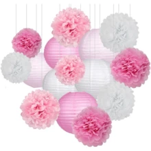 Party Pack Paper Lanterns And Pom Pom Balls Hanging Decoration For Wedding Birthday Shower-Pink/White - Pink and White Lantern Cover - View 2