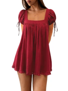 Women Puff Sleeve Babydoll Mini Dress Y2K Lace Trim Ruffle Flowy Dresses Summer Loose Swing Going Out Sundresses - 紅色 - 查看 2