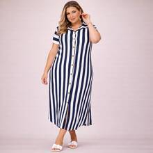 Plus Size Striped Long Chamise Dress – Style And Comfort In One Piece! - Navy Blue - View 7