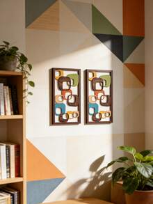 2 piezas de Arte mural de madera moderno medieval - Paneles geométricos abstractos en verde, naranja, azul y marrón, apropiados para la decoración de la sala de estar, elegante acento de pared interior, perfecto para el hogar u oficina, acabado de madera con textura para exhibición de pared interior - Multicolor - Ver 11