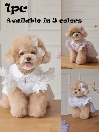 这款蕾丝边饰、飘逸长袖连衣裙，饰有可爱的宠物细节，宛如狗狗的公主裙。它时尚、优雅、透气、轻盈，是一款专为宠物设计的柔美服饰。非常适合特殊场合、日常穿着、户外散步、派对、婚礼、旅行、度假以及狗狗的生日。