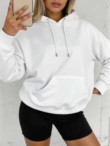 Women's Plain Fleece Hoodie With Pocket And Hood, Flannel Lined, Casual Winter Jacket - 白色 - 查看 6