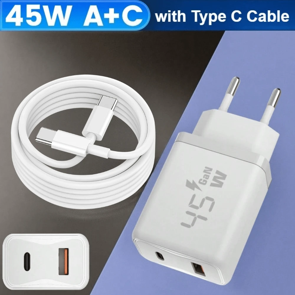 45W GaN 快充墙充，双端口，USB-C 接口，兼容 Galaxy S25/S24 Ultra/S24+/S24/S23 Ultra/S23/S22/S21/S20、A55/A54/A25/A15、Z Fold 6、17/16/15 Pro/Air 等设备，春季礼物 - 查看 1