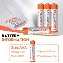 POWERKAN AAA 电池 800mAh:1.2V 镍氢可充电电池,可靠稳定的电力,可充电数百次——遥控器、时钟、游戏设备、麦克风和日常家用电子产品永不断电。 - 查看 4