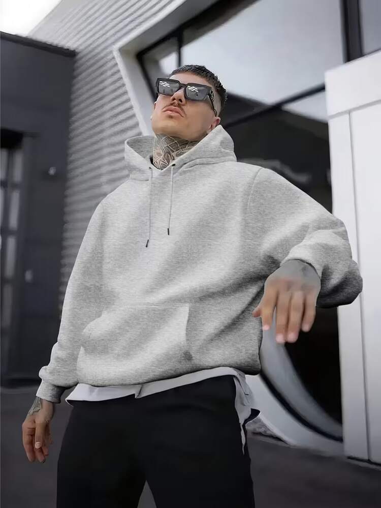Men's Plain Fleece Hoodie With Kangaroo Pocket And Hood, Flannel Lined, Casual Winter Jacket - Xám - Xem 8