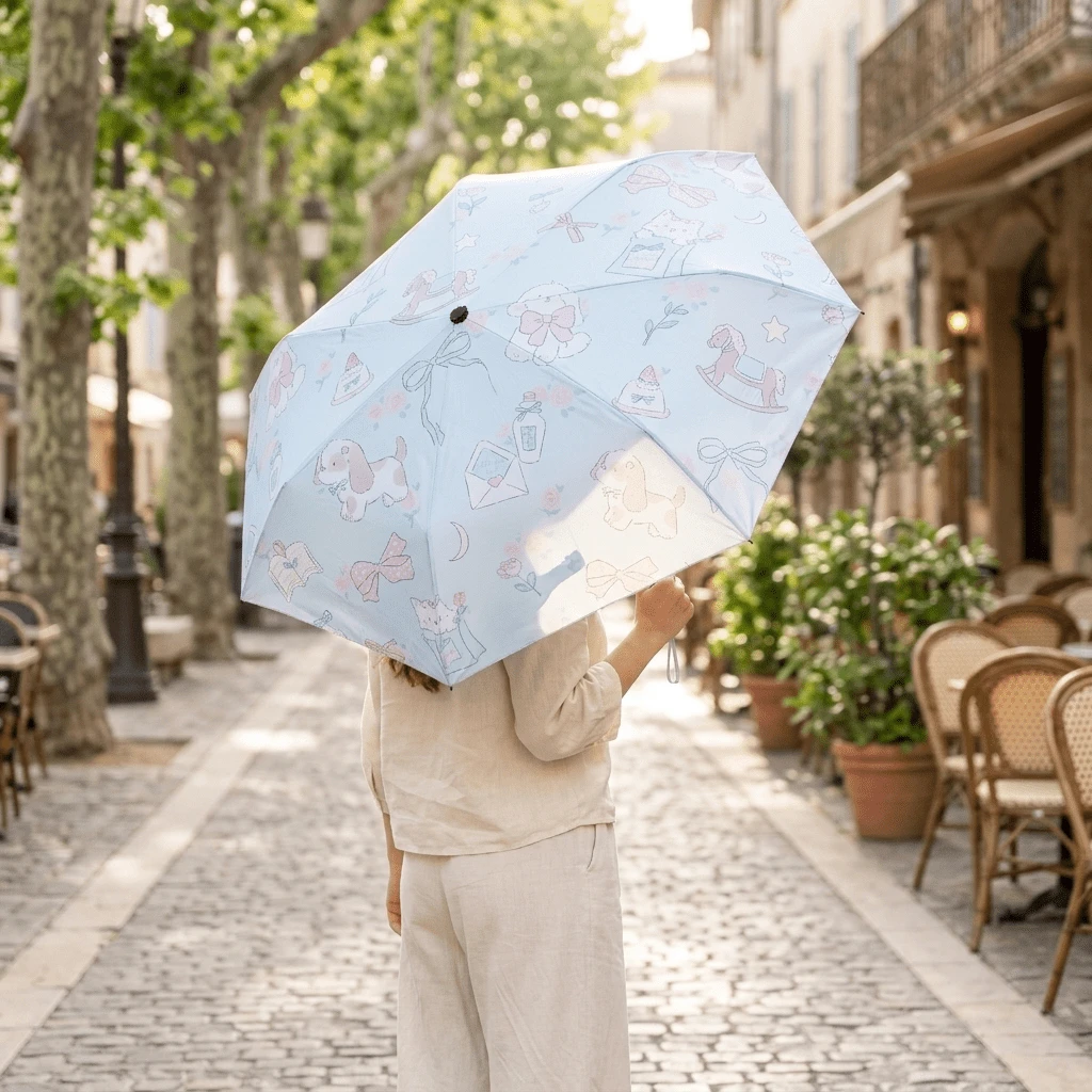 复古可爱卡通自动折叠伞，少女心狗狗猫咪图案，法式清新遮阳伞 - 淺藍色 - 查看 1