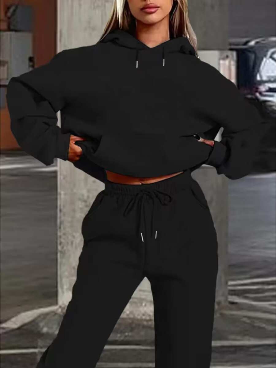 Women's Plain Fleece Set With Kangaroo Pocket And Hood, Flannel Lined, Casual Winter Jacket - màu đen - Xem 1