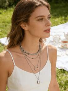 Conjunto de collar estilo bohemio de moda europea y americana, personalizado y minimalista, con anillo redondo de metal y colgante en forma de gota de agua - Plateado - Ver 4