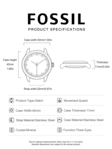 Fossil 男士石英皮革三针腕表，不锈钢表壳/玻璃镜片，型号：BQ2801/BQ2803 - 玫紅色 - 查看 8