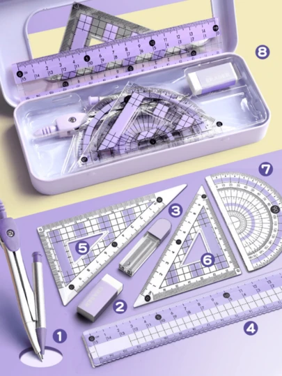 8 PCS Upgraded Ruler And Compass Set, Geometry Protractor, Math Triangle Ruler, Protractor, Compass, Teaching Tools, Drawing, School Stationery, Mathematics