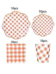 Set de 10 piezas/20 piezas/50 piezas/80 piezas de suministros para fiesta a cuadros naranja - Platos, vasos, servilletas de papel a cuadros naranja y blanco - Conjunto de vajilla con borde festoneado adecuado para picnics, fiestas de cumpleaños para hombres y mujeres - Cuadros naranjas y blancos - Ver 11