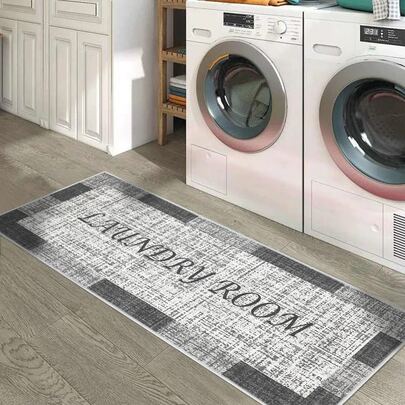 1pc Velvet Laundry Room Letter Distressed Print Decorative Floor Mat & Rug, Machine Washable, Suitable For Kitchen, Laundry Room, Bathroom And More Scenes