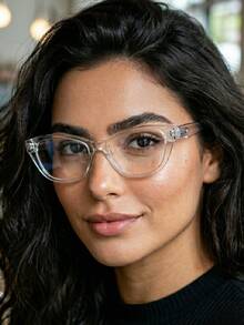 Geometric Cat-Eye Eyeglass Frame With Faceted Temples, Rounded Cat-Eye Shape, Made Of Lightweight And Durable Resin, Thick Sides, Perfect For Prescription Lenses, 2026 , Elegant And Luxurious Gift For Women - 透明的 - 查看 1