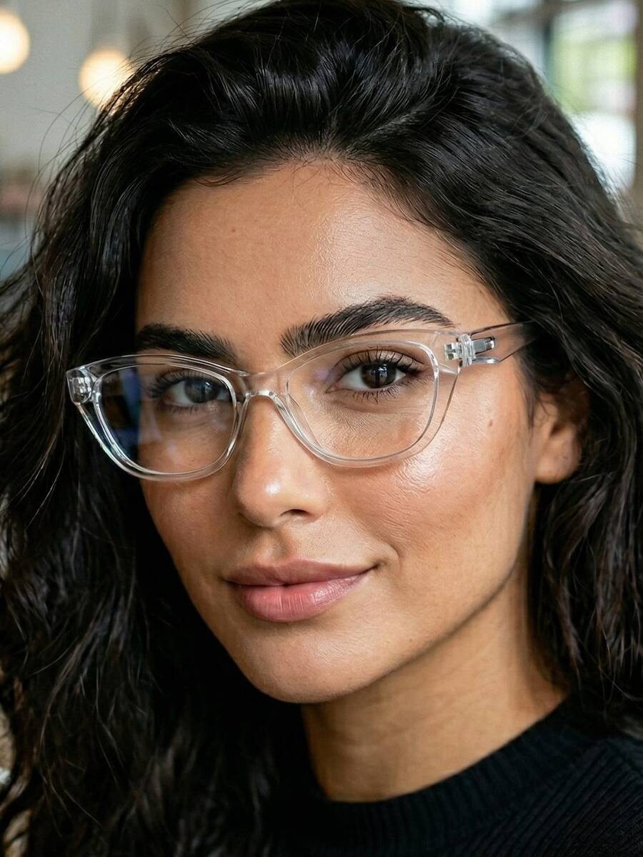 Geometric Cat-Eye Eyeglass Frame With Faceted Temples, Rounded Cat-Eye Shape, Made Of Lightweight And Durable Resin, Thick Sides, Perfect For Prescription Lenses, 2026 , Elegant And Luxurious Gift For Women - 透明的 - 查看 1