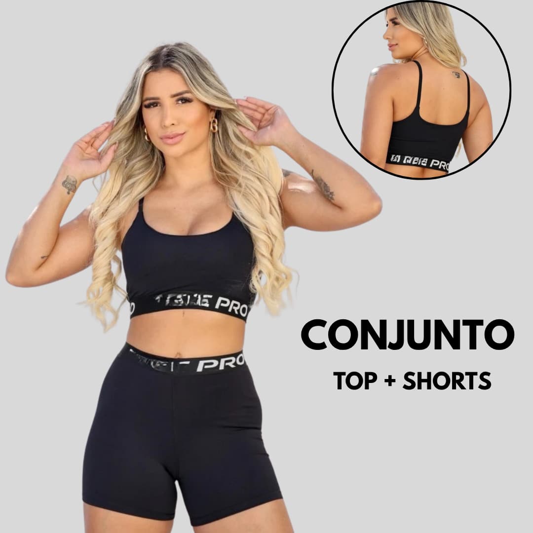Conjunto Fitness Feminino PRO Top e Shorts Academia Preto - Preto - Visão 1