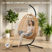 Swing Chair Cushion Soft Hanging Egg Chair  With Cushions – Comfortable Rattan Swing Chair For Patio, Garden, Or Balcony – Stylish And Relaxing Outdoor Lounge Chair, 350LBS Capacity Indoor Outdoor - Brown+Gray - View 3
