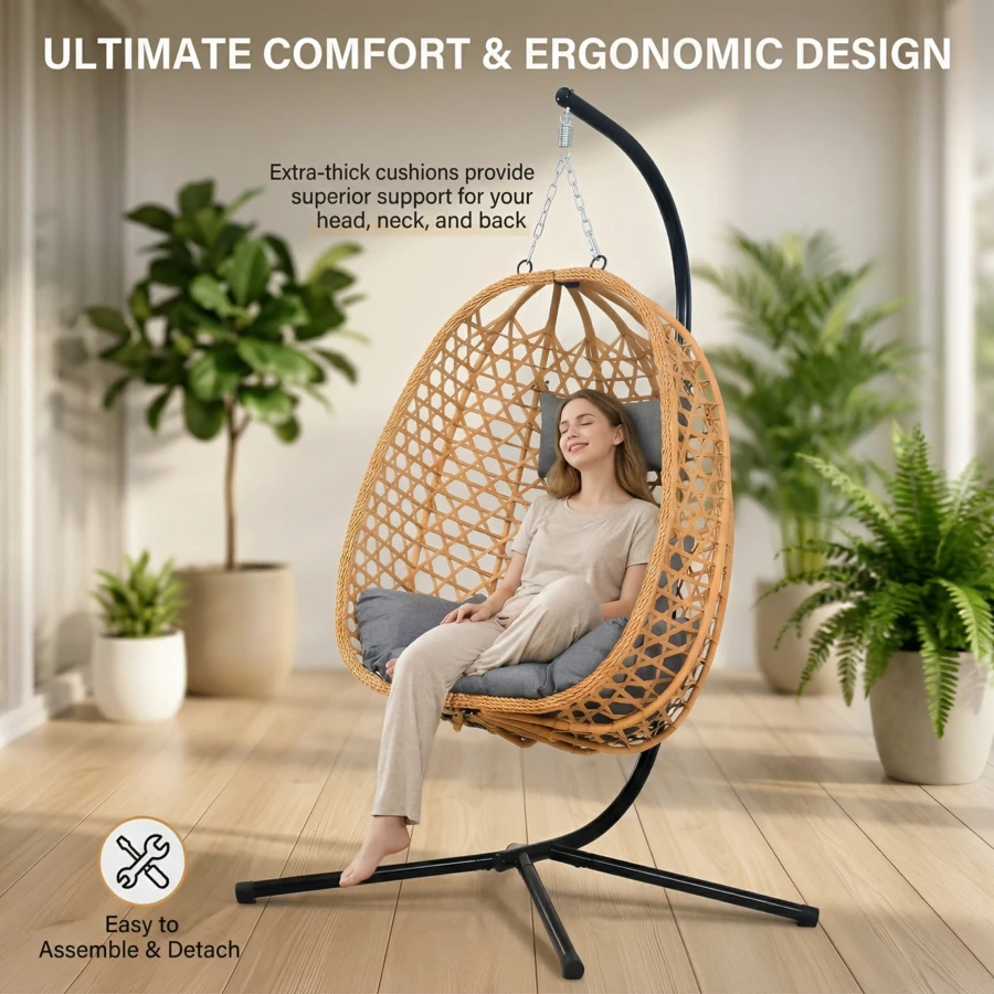 Swing Chair Cushion Soft Hanging Egg Chair With Cushions – Comfortable Rattan Swing Chair For Patio, Garden, Or Balcony – Stylish And Relaxing Outdoor Lounge Chair, 350LBS Capacity Indoor Outdoor - 棕色+灰色 - 查看 1