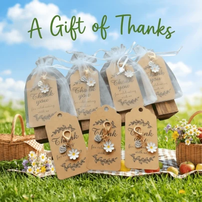 2/5套白色雏菊爱心钥匙扣套装，包含5把钥匙、5张感谢卡和5个欧根纱袋。DIY钥匙扣包挂饰套装，是送给老师、教练、导师、父母和朋友的理想感谢礼物。也是婚礼、生日的完美配饰和礼物。