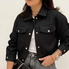 Women's Short Jacket With Long Sleeves And Buttons, Thick, Warm, And Soft Wool - Black - View 2