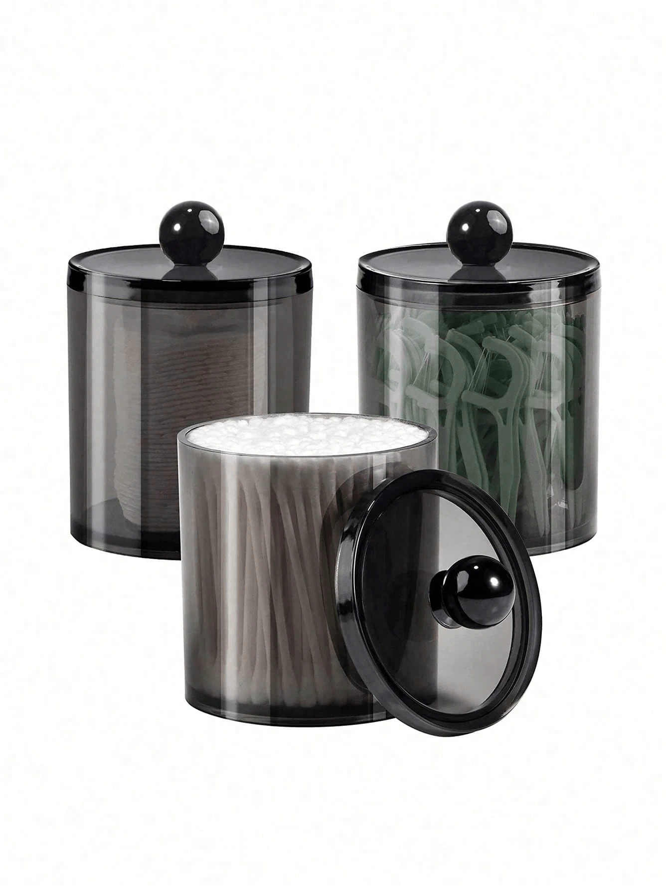 1 hộp đựng trong suốt, thích hợp để đựng tăm bông, miếng bông tròn và tăm xỉa răng - Bộ hộp nhựa trong suốt 10oz, dùng để cất giữ và sắp xếp đồ dùng trong phòng tắm và bàn trang điểm, hộp đựng đồ trang điểm màu đen để bàn đầu giường, hộp đựng bút trang trí phòng khách. - màu đen - Xem 1