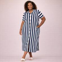 Plus Size Striped Long Chamise Dress – Style And Comfort In One Piece! - Navy Blue - View 6