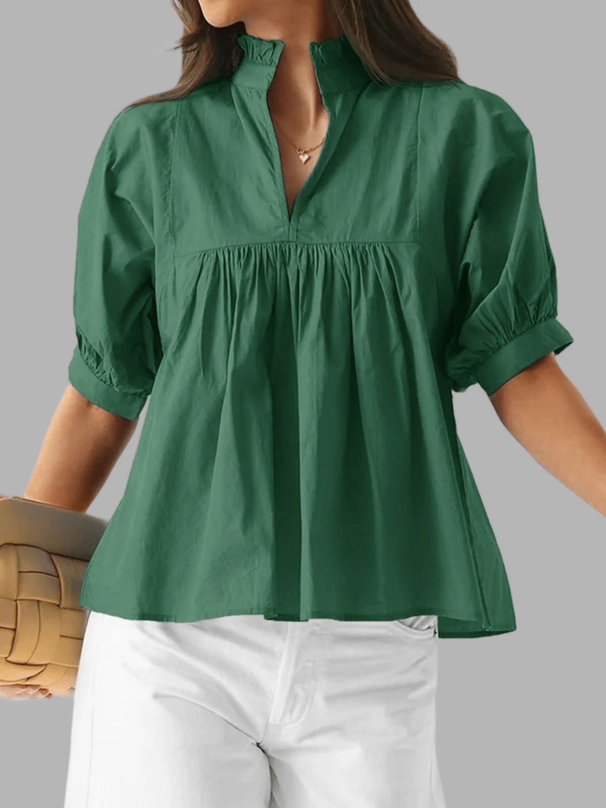 Women's Puff Sleeve V Neck Peplum Blouse Pleated Babydoll Loose Fit Casual Shirt - Dark Green - View 1