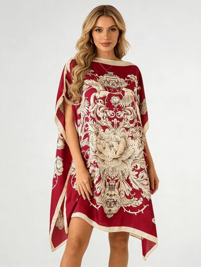 1 pieza Kimono de gasa con estampado floral de estilo palaciego burdeos, bata de baño holgada de manga de murciélago para vacaciones, vestido kimono holgado y fluido con estampado de peonía retro y lujoso para vacaciones