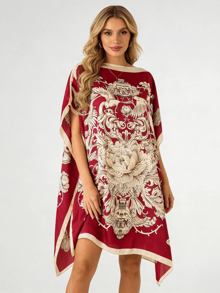 1 chiếc áo kimono kiểu cung điện màu đỏ tía in hoa bằng vải chiffon, tay áo cánh dơi rộng rãi, áo khoác ngoài đi biển, váy kimono đi nghỉ mát sang trọng in hoa mẫu đơn kiểu cổ điển, đồ dùng cần thiết khi đi du lịch, khăn tắm biển. - Nhiều màu - Xem 1