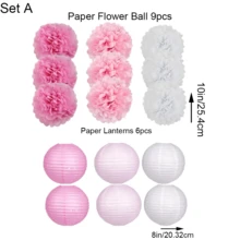 Party Pack Paper Lanterns And Pom Pom Balls Hanging Decoration For Wedding Birthday Shower-Pink/White - Pink and White Lantern Cover - View 3