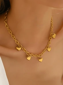1pc Fashionable Chunky Heart Pendant Necklace, Stainless Steel 18K Gold Plated Necklace, Suitable For Women Daily Wear Valentines - Gold - View 2