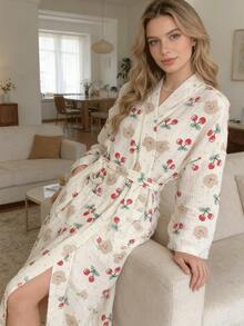 Lightweight Spring/Summer Robe/Sleepwear, Cherry And Bear Pattern Lightweight Robe/Kimono, Minimalist European Style, Long Sleeve, V-Neck, With Pockets, Comfortable Women's Loungewear Robe, Suitable For Spring, Summer, Autumn, Home, Bathroom, Best Gift For Daughter/Family Birthday - As Shown In the Figure - View 4