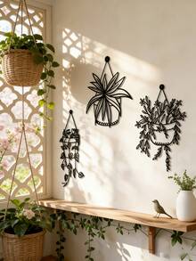 Set de 3 piezas de decoración de pared metálica: maceteros colgantes con diseño de hiedra, adecuados para interiores y exteriores, decoración fácil de colgar, regalo perfecto para Navidad, Acción de Gracias, inauguración de casa, Día de San Valentín - Negro - Ver 5