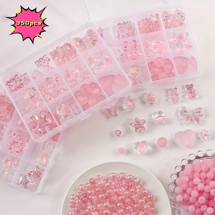 350颗粉色可爱亚克力珠子首饰制作套装，包含小熊、爱心、圆形、星形珠子，可用于DIY手链、项链、吊坠、工艺品等。 - 粉色 - 查看 1