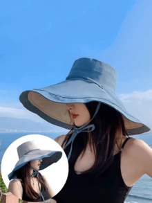 1pc Contrast Color Casual Polyester Other UV Protection 16.5cm Wide Brim Sun Hat Women's Sun Protection UV Protection Bucket Hat Summer 2026 New Reversible Extra Wide Brim Hat Face Covering Sun Hat Spring/Summer - A - View 2