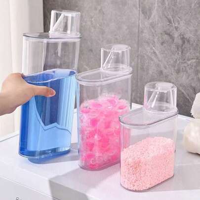 1 chai đựng bột giặt trong suốt đơn giản, chống ẩm, kín hơi, thích hợp đựng bột giặt và nước xả vải, dùng để chứa đồ trong phòng giặt, phụ kiện phòng tắm.