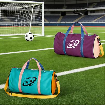 1件装运动足球元素撞色多巴胺运动包，轻便旅行游泳包，高饱和度撞色健身包，学生训练包，通勤包，充满运动气息