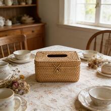 1pc Square Rattan Tissue Box Cover, Hand Woven Wicker Tissue Holder, Rattan Woven Storage Tissue Holder, Desktop Tissue Box Organizer, Home Office Desk Decoration - Brown - View 4