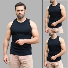 Men's American Ribbed Cotton Tank Top For Gym - 3 Black - View 1