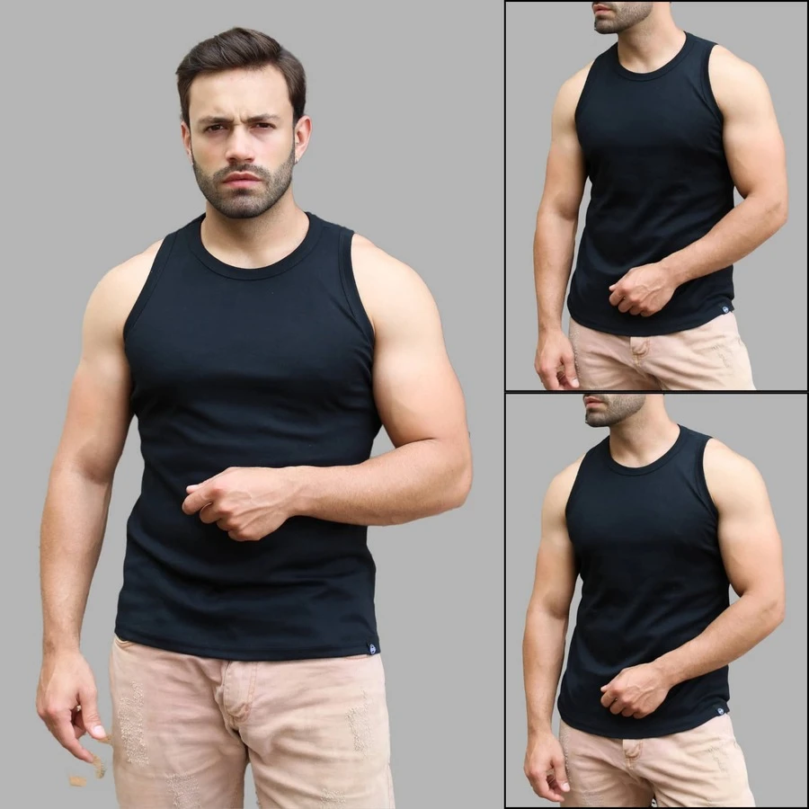 Men's American Ribbed Cotton Tank Top For Gym - 3 Black - View 1