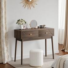 Desk, Mid-Century Modern Console Table With Drawers, Retro Reception Table With Open Shelves, Modern Coffee Table For Living Room, Foyer And Hallway - Walnut - View 5