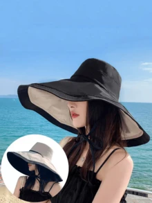 1pc Contrast Color Casual Polyester Other UV Protection 16.5cm Wide Brim Sun Hat Women's Sun Protection UV Protection Bucket Hat Summer 2026 New Reversible Extra Wide Brim Hat Face Covering Sun Hat Spring/Summer - A - View 1