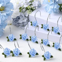 12pcs Spring Floral Theme Hydrangea Decorative Shower Curtain Hooks, Stainless Steel Rust-Proof Resin Metal Blue Flower Hydrangea Shower Curtain Rings, Home Bathroom Decor, Suitable For Bathroom, Bedroom, Living Room, Kitchen - 12pcs Blue - View 5