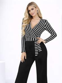 Women's Chic Long-Sleeved Striped Jumpsuit With Wide-Leg Pants, Ribbed And Elastane, Slim Fit, V-Neck, Casual And Elegant Winter Fashion - 黑色條紋 - 查看 3