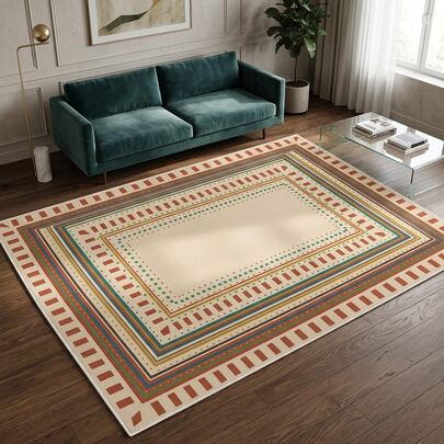 1pc Washable Vintage Multi-Layer Geometric Framed Velvet Area Rug, Suitable For Decorative Carpet, Bedroom Decor, Small Rug, Carpet, Home Decor, Living Room Rug, Machine Washable, Foldable, Easy To Clean And Durable
