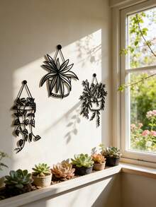 Set de 3 piezas de decoración de pared metálica: maceteros colgantes con diseño de hiedra, adecuados para interiores y exteriores, decoración fácil de colgar, regalo perfecto para Navidad, Acción de Gracias, inauguración de casa, Día de San Valentín - Negro - Ver 3