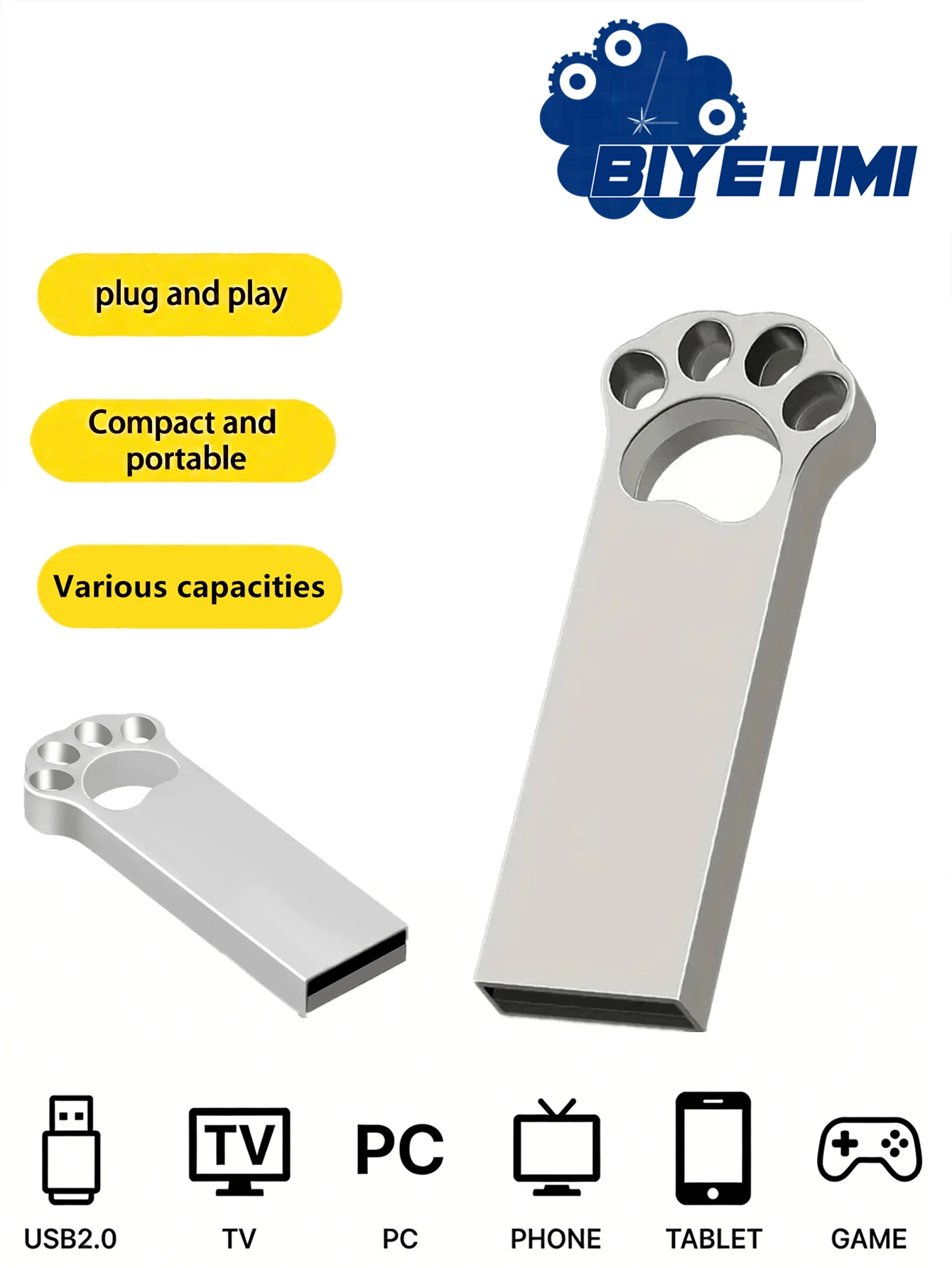 BIYETIMI Flash Drive USB Mini Logam, 64GB/32GB/128GB, Memory Stick Portabel Berkecepatan Tinggi, Disk USB Hitam Tahan Air - Perak - View 1